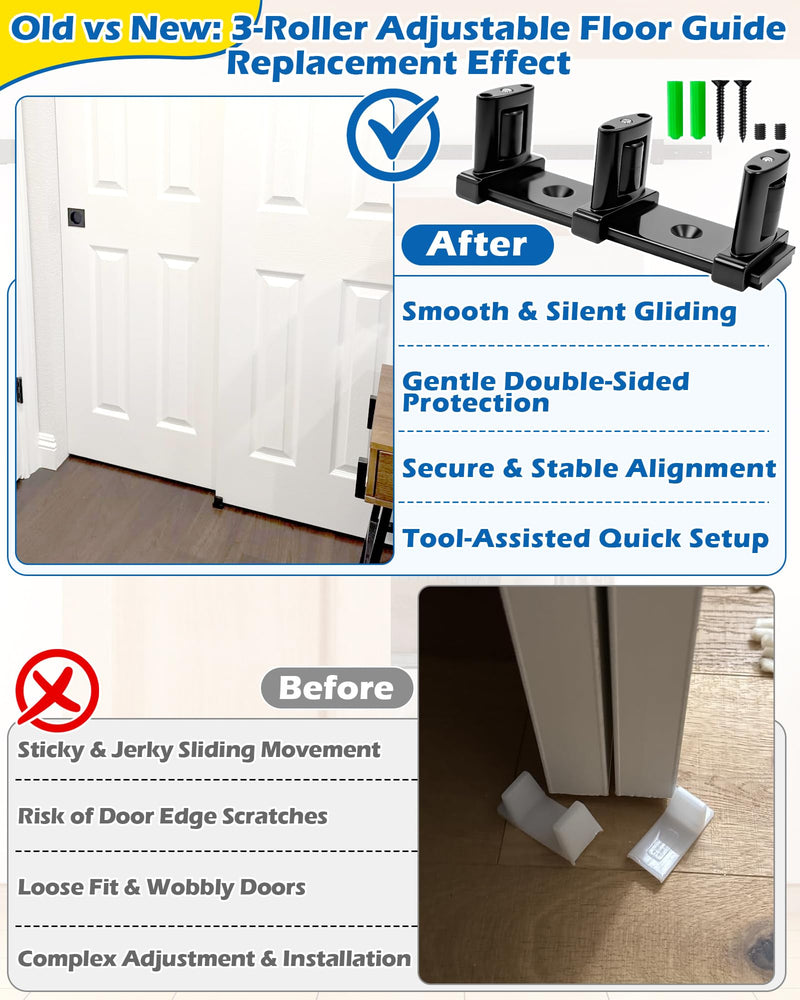 3-Roller Adjustable Sliding Closet Door Floor Guide Upgrade Kit (2 Pack), Black Bottom Mount for Bypass, Double Bypass & Barn Doors 3-Roller Guide - 2 Pack