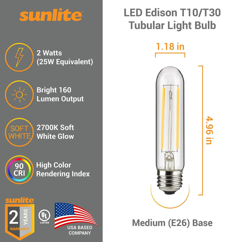 Sunlite 41790 LED Edison T10/T30 Tubular Light Bulb, 2 Watts (25W Equivalent), 160 Lumens, Medium E26 Base, 120 Volts, Dimmable, 90 CRI, UL Listed, Clear, 2700K Soft White, 6 Pack