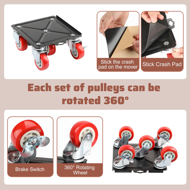 4 Packs Heavy Duty Furniture Dolly with 5 Wheels Rubber Silent Furniture Lift, 3300 lbs Load Capacity, Furniture Lift Tool Set Made of Premium Carbon Steel 6.3IN & 4 Dollies