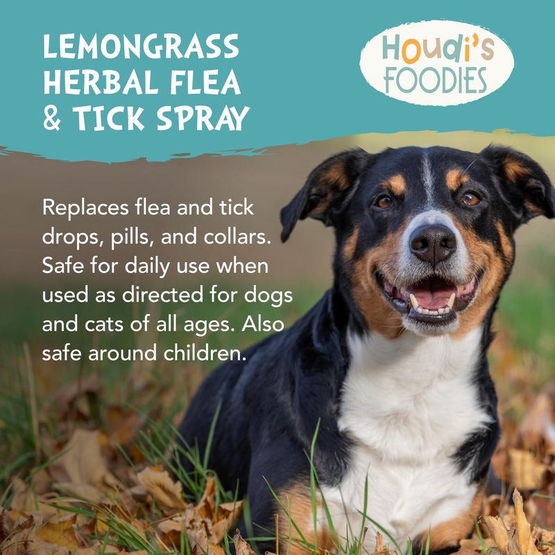 Houdi's Foodies Herbal Flea & Tick Pet Spray by North American Herb & Spice - Lemongrass Scent - 4 fl oz - Kills & Repels Fleas, Ticks + Mosquitoes - DEET-Free, Plant-Based Formula