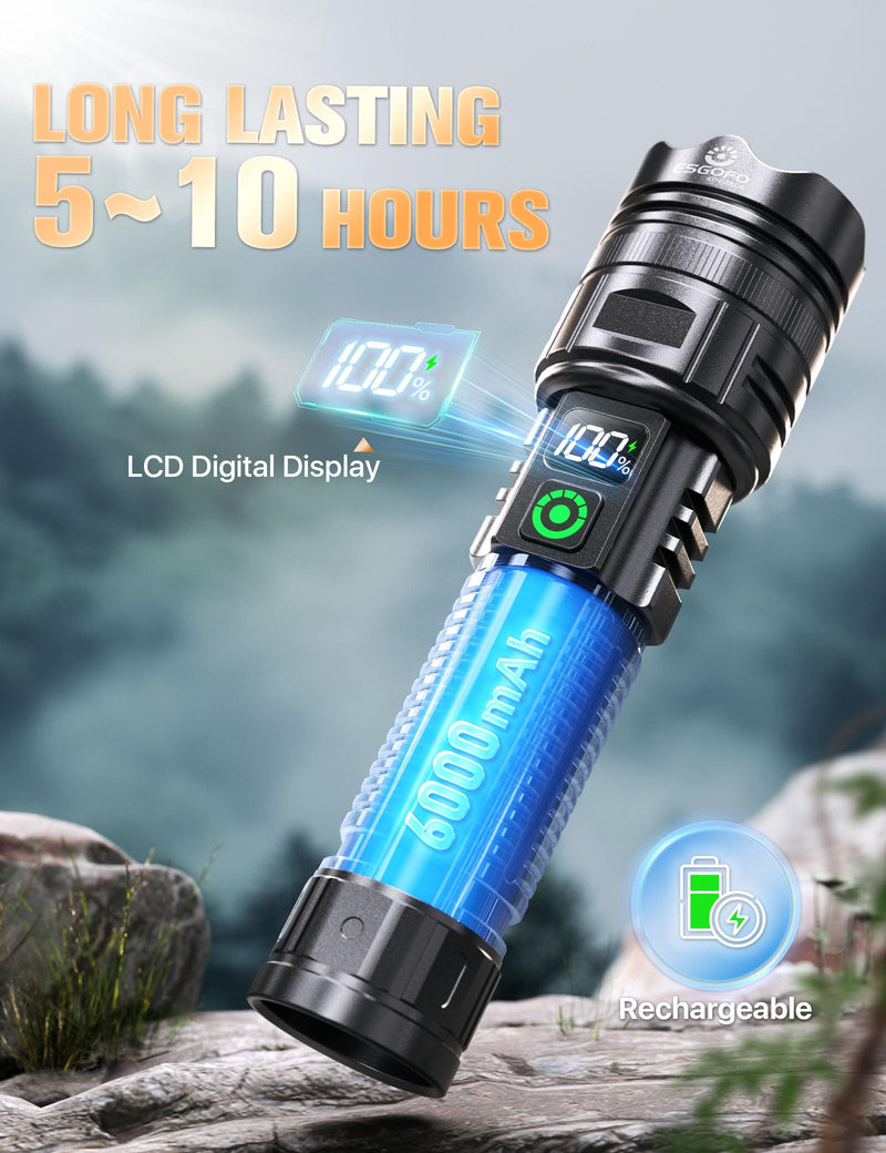 Esgofo Rechargeable Flashlights High Lumens 10000 2 Modes High/Low, Super Bright Magnetic LED Flashlight Long Distance 3280FT, Powerful Long Lasting Strong Flash Light USB C with Clip for Hiking 30.0 Watt Hours