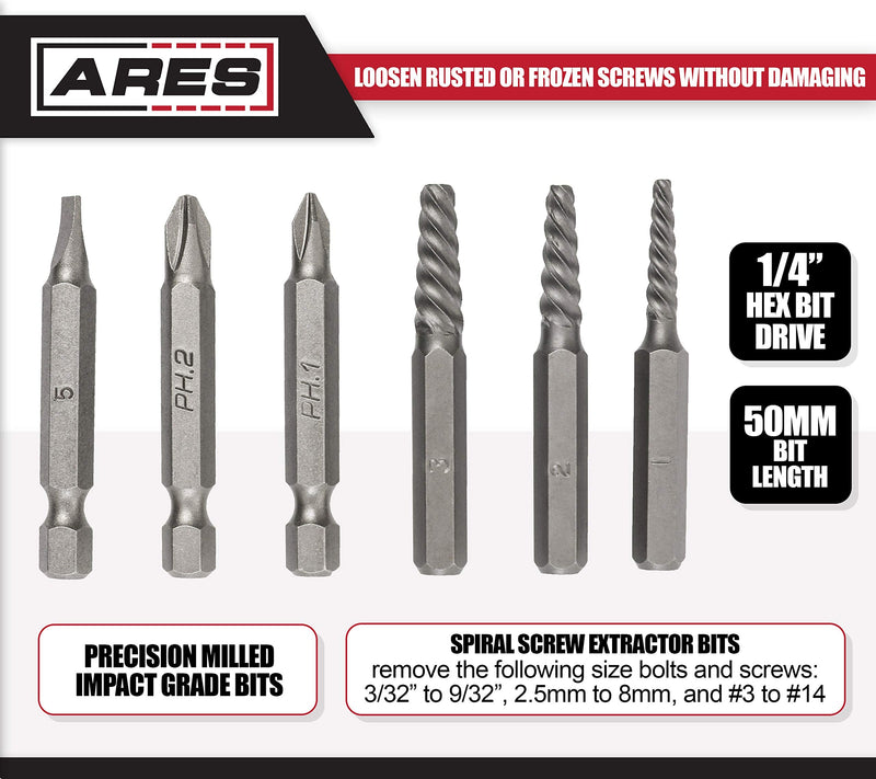 ARES 18026-1/4-Inch Drive Manual Reversible Impact Driver - Includes 6-Piece Flathead, Phillips, and Spiral Screw Extractor Bit Set - Disengage Rusted Fasteners or Frozen Bolts - Compact Design 1/4" Reversible Impact Driver