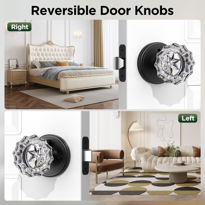 1 Pack Crystal Door Knob, Rosette Shaped Glass Door Knobs Interior with Lock, Matte Black Door Knobs Interior Glass 1