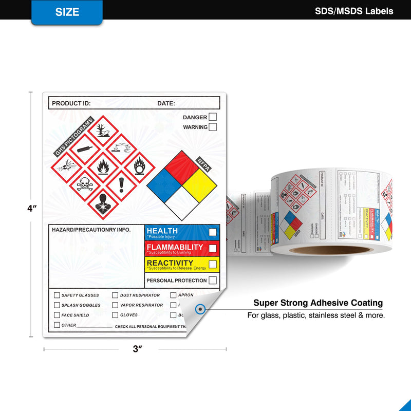 SDS Label Stickers 4 x 3 Inches, Roll of 250 MSDS OSHA Data Stickers with GHS Pictograms & Perforated Edges for Easy Separating | HMIS & Hazard Compliant | Secondary Containers for Chemical Safety SDS/MSDS Stickers