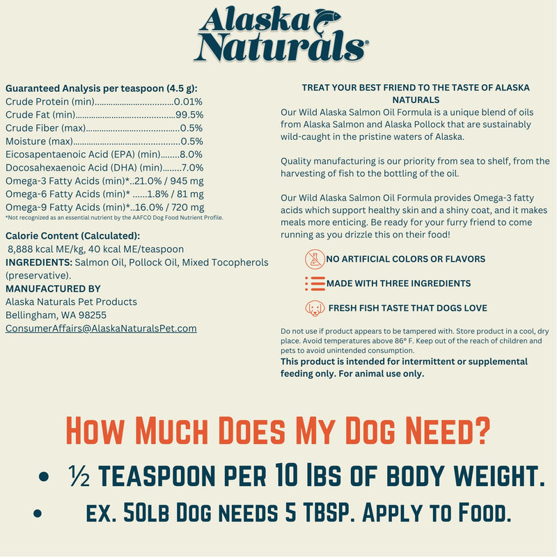 Alaska Naturals Wild Alaskan Salmon Fish Oil Supplement for Dogs Skin and Coat with EPA DHA Omega 3 Fatty Acids Liquid Food Topper 15.5 oz.
