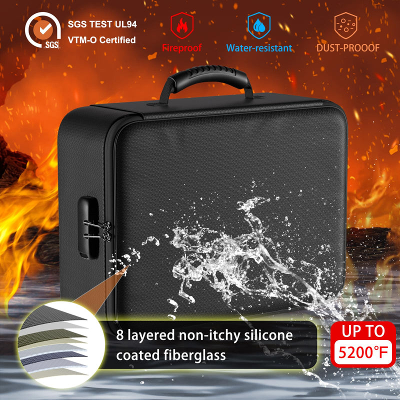 ENGPOW 5200°F Fireproof Document Bag with Lock,Upgraded Heat Insulated Fireproof＆Waterproof Box 8 Layers Document Organizer,Portable Home Travel Safe Storage for Important Documents, Files, Laptop Black 5200℉ Soft box