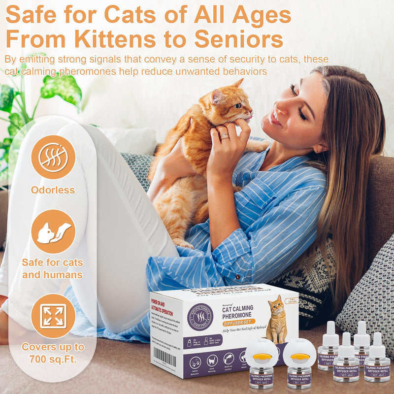 Reespring Cat Pheromones Calming Diffuser: Premium Pheromone Diffuser for Cats - Cat Pheromones Diffuser - Cat Calming Diffuser - Cat Calming Pheromone Diffuser (2 diffusers+ 6 Refills-Upgraded)