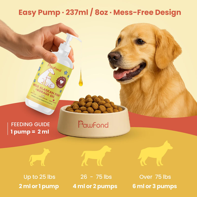 Fish Oil for Dogs & Cats - Wild Alaskan Salmon & Pollock Oil, Omega 3 EPA DHA, Borage Oil GLA 22%, Anti-Itch & Allergy Relief, Skin & Coat Supplement, Joint & Immune Support, 100% Natural, 8oz Pump 8 FL OZ