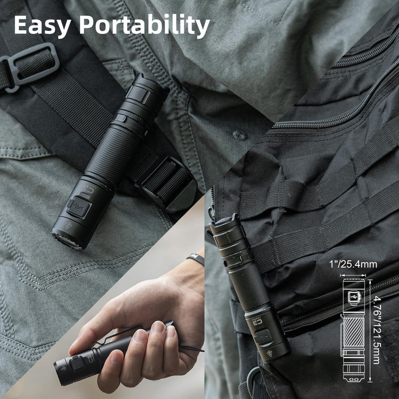 WUBEN C3 Rechargeable Flashlight 1200 High Lumens Super Bright, LED Tactical Flashlights, Powered EDC Flash Light IP68 Waterproof, 6 Light Modes for Camping, Emergency, Outdoor, Rescue, Inspection Gray