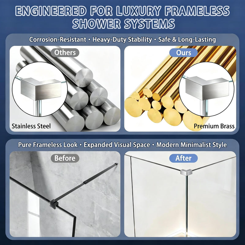 Ranbo Solid Brass 90 Degree Glass to Glass Sleeve-Over Shower Panel Clamp | heavy-duty design, fits 5/16"–1/2" (8–12 mm) thick glass, brushed nickel