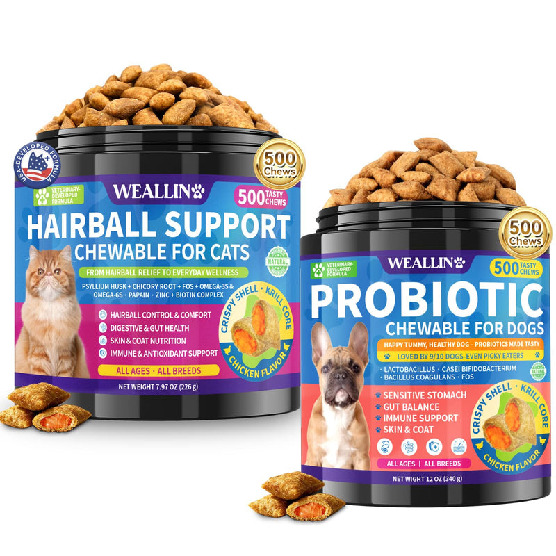 Cat & Dog Digestive Support Chews Bundle, Cat Hairball Support Treats with Krill & Chicken Flavor + Dog Probiotics Chews with Triple Probiotics & Prebiotics for Digestion, Immunity & Skin Care