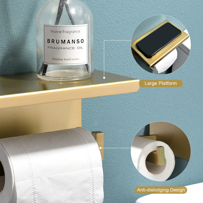 Toilet Paper Holder with Shelf Modern Bathroom Hardware Accessories, Multifunctional Gold Toilet Paper Holder,Stainless Steel Wall Mounting Brushed Gold