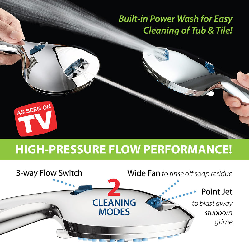 AquaCare High Pressure 8-mode Handheld Shower Head - Anti-clog Nozzles, Built-in Power Wash to Clean Tub, Tile & Pets, Extra Long 6 ft. Stainless Steel Hose, Wall & Overhead Brackets 2.5 Gallon Per Minute Premium Chrome