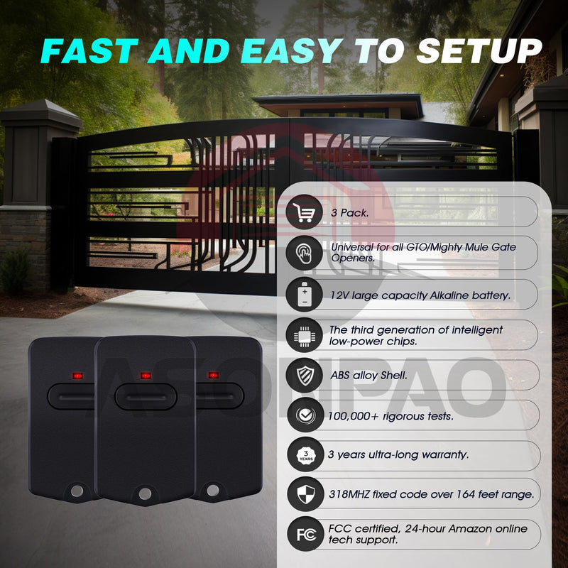 3 for RB741 FM135 GTO Mighty Mule Gate Opener Remote 3-Years-Warranty black