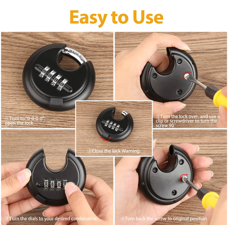DAYGOS Combination Disc Padlocks for Outdoor - Heavy Duty 4 Digit Code Lock, Combo Discus Lock for Storage Unit,Gate,Fence,Trailer,4PCS,Black round disc padlock Black-4Pcs