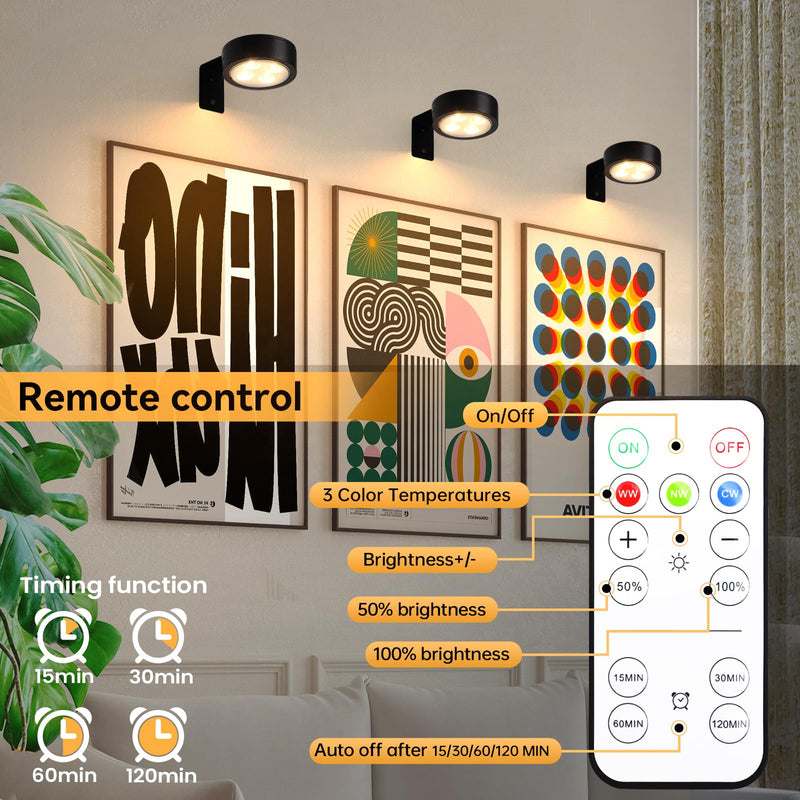 4-Pack Picture Light Battery Operated with Remote, Led Lights Dimmable and Timer Painting Light, Art Display Light for Picture Frame Artworking Portrait, Home Wall Decor Puck Lights, Black Black 4 Pack
