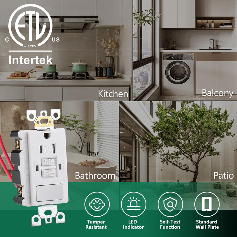 GFCI Outlet,Tamper Resistant GFCI Receptacle with Combination Switch,ETL Listed,Back &Side Wire,White (TR15Amp) TR15Amp