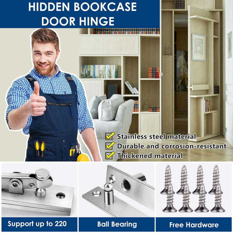 Heavy Duty Pivot Hinge for Wood Door - HBL' Stainless Steel Hidden Door Hinge for Secret Door, with 360 Degree Rotation, Invisible Pivot Door Hardware for Bookshelf. Pivot Hinge 1PC