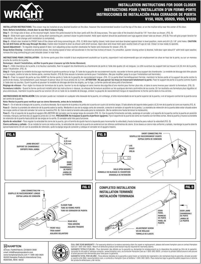 Wright Products Heavy-Duty Pneumatic Storm Door Closer – Durable, Adjustable, Quiet-Closing with Hold-Open Feature (Transitional, Aluminum) Transitional
