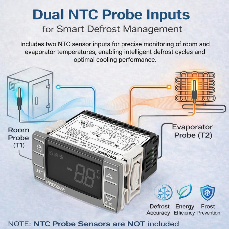 Replacement for Dixell XR06CX-4N1F1 Temperature Controller, Digital Thermostat for 120V Commercial Refrigerator & Freezer, Dual NTC Input, Compressor Fan Defrost Control