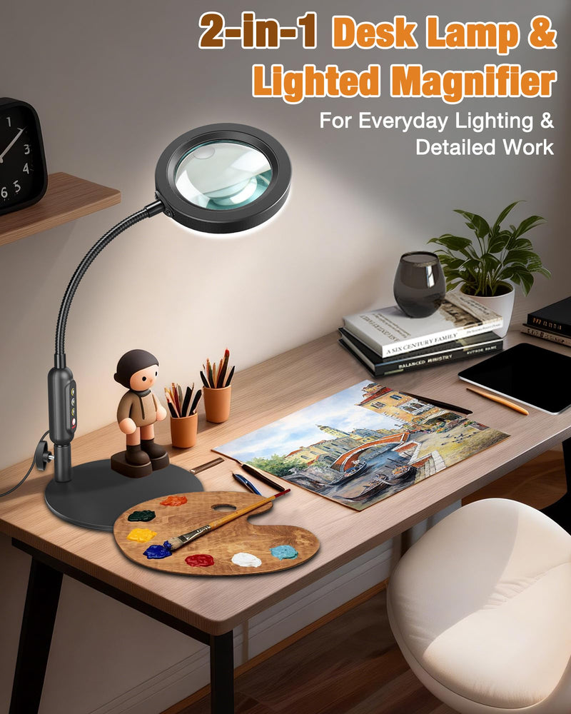 30X 10X Magnifying Glass with Light and Stand, 5 Color Modes Stepless Dimmable, Optical Grade HD Lens, LED Lighted Magnifier Hands Free with Flexible Gooseneck for Close Work, Craft, Hobby, Painting Black