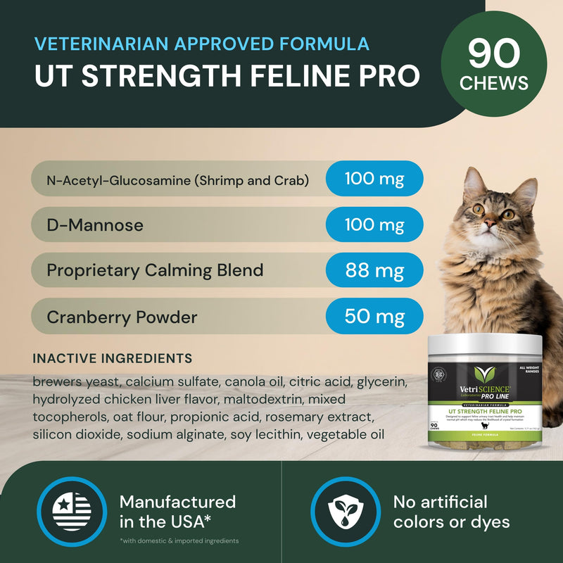 VetriScience UT Strength Feline Pro - Urinary Tract Support for Cats - Feline Urinary & Bladder Health Support Formula - Aids Healthy pH Balance & Urinary Wellness - 90 Chews - PawsPlanet Australia