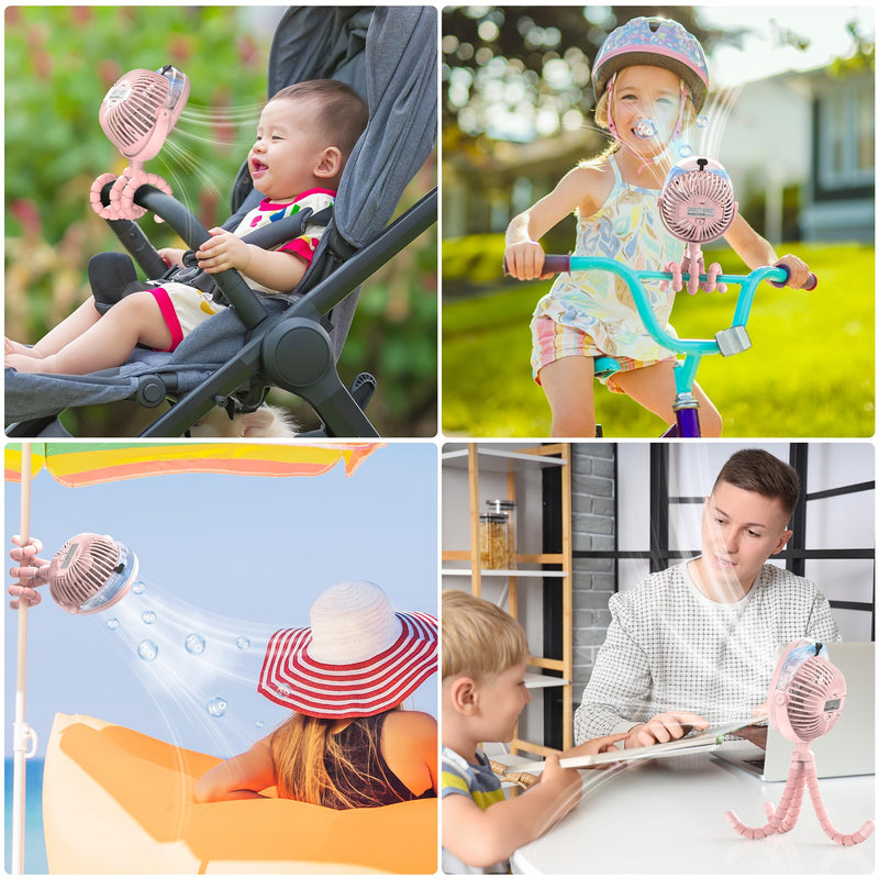 2025 Upgarded 4000mAh Misting Baby Stroller Fan, Rechargeable Battery Operated,Max 15Hrs Cooling,50ml Portable Water Sprayer Misting Fan with Flexible Tripod Clip on Car Seat Crib Treadmill Bunk Bed Pink
