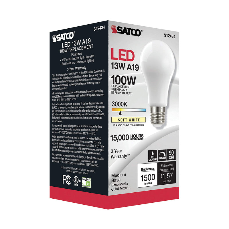 Satco (6 Pack Dimmable LED Filament Lamps, S12434, High Lumens, 13.5 Watt, A19, 3000K Soft White, 1500 Lumen, E26 Medium Base, 90 CRI, Soft White Finish, 120 Volt, Residential & Commercial