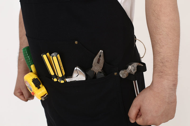 Heavy Duty Canvas Work Apron,Tool Pockets, Back Straps Adjustable（black） Black