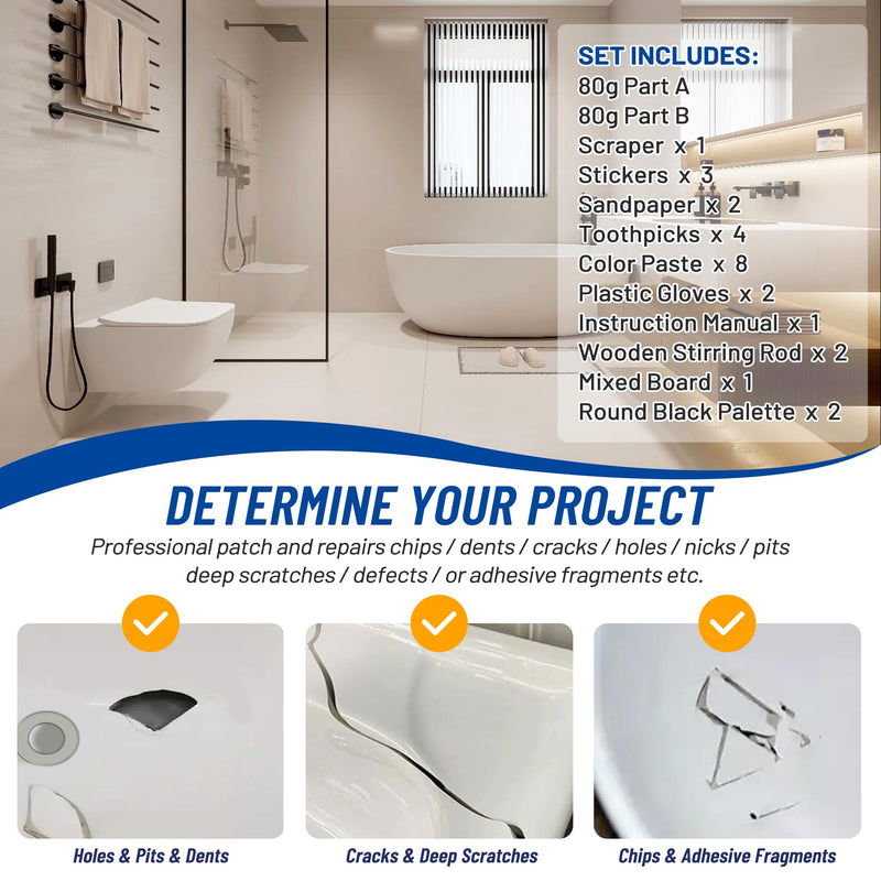 Fiberglass Repair Kit, Bathtub Repair Kit for Tile, Acrylic, Ceramic, Enamel, Kitchen Bathroom Fix Chips Cracks Scratches Rust Holes on Porcelain Sink, Tub, Toilet, Shower Tray, Granite, Marble, Deck