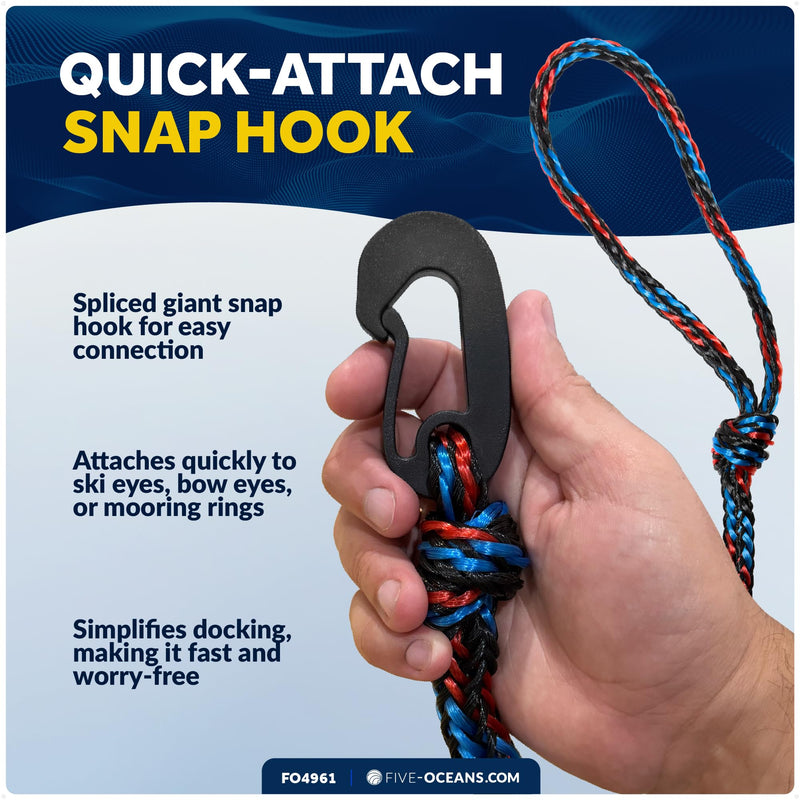 Five Oceans 1/2" x 7 Ft PWC Dock Line, Dock Lines for Boats with Giant Snap Hook, 2-Pack, Black, Red & Blue - Mooring Rope for Boats, Jet Ski, Kayak, Watercraft & Canoe - FO4961 Red/Blue