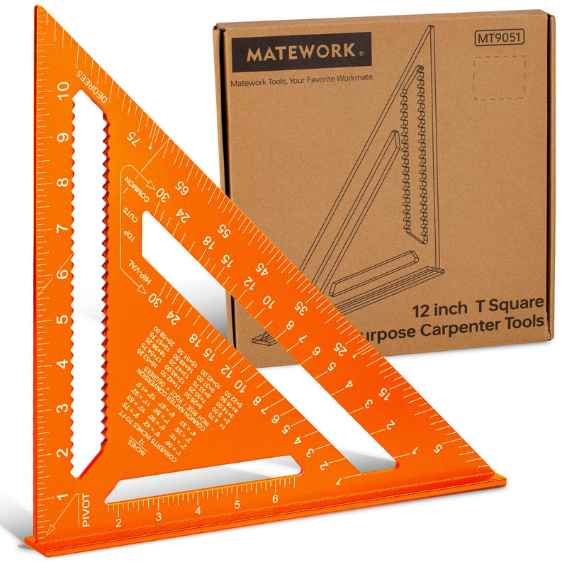 Carpenter Square 12 Inch, Rafter Square for Angle Drawing Measuring Ruler, Framing Square Tool Aluminum for Woodworking, Carpentry Orange