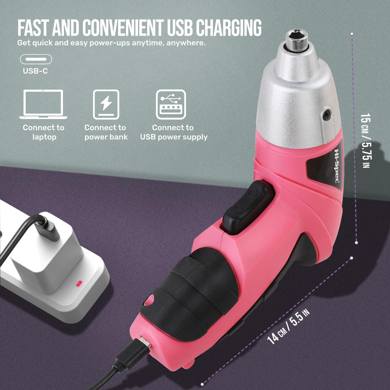 Hi-Spec 3.6V Cordless Electric Screwdriver and Tool Kit for DIY, Pink Light Pink