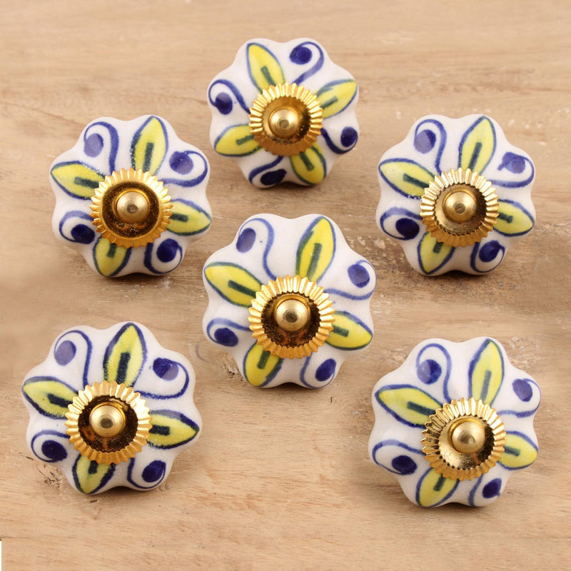 NOVICA Artisan Handmade Ceramic Cabinet Knobs Floral Yellow White Set of 6 India Metal Decor Accessories Decorative Hardware Painted Garden Party Bohemian [ 3.1in H x 2in W x 1.2in D Screw Length 1.6]