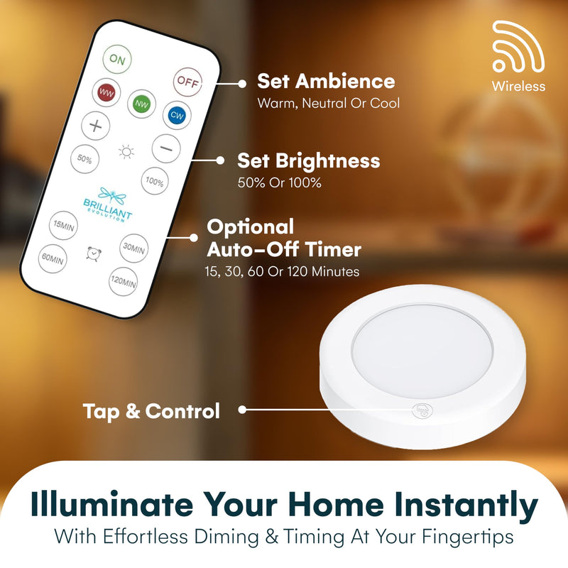 Brilliant Evolution Wireless LED Puck Lights with Remote Control - Battery Operated Lights and Warm Light Under Cabinet, Closet, or Kitchen - Stick On Lights, Under Counter Lighting - Pack of 3, White