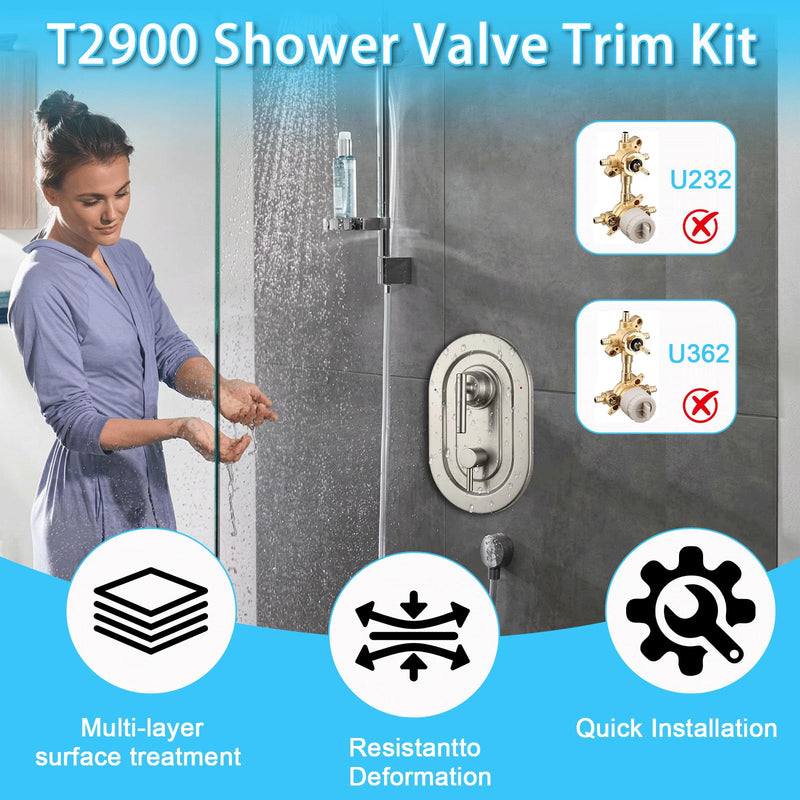 T2900BN Brushed Nickel Shower Handle 3-Function Transfer Valve Shower Trim Kit, Compatible with Moen T2900BN Gibson Posi-Temp Series, Multi-Function Shower Handle (Valve Not Included)