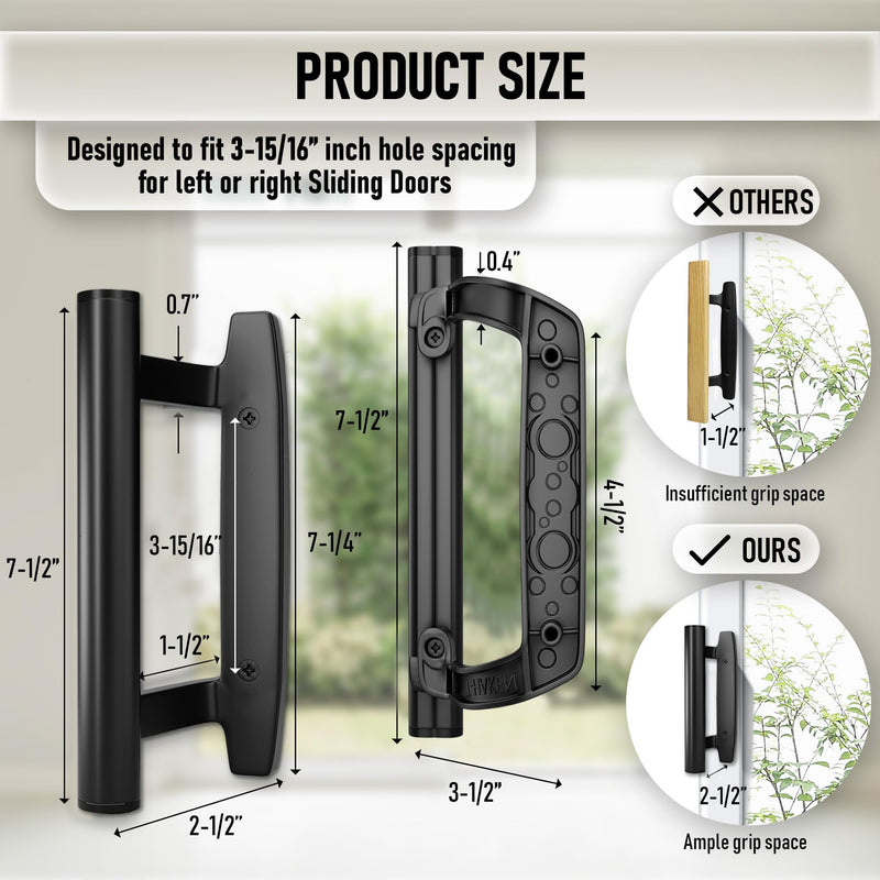 Sliding Glass Door Handle Replacement Kit, 3‑15/16" Screw Spacing, All- Aluminum, Mortise Style, Reversible, Non-Keyed, Fits 1‑3/8"–1‑3/4" Doors. (Non Keyed, Black)