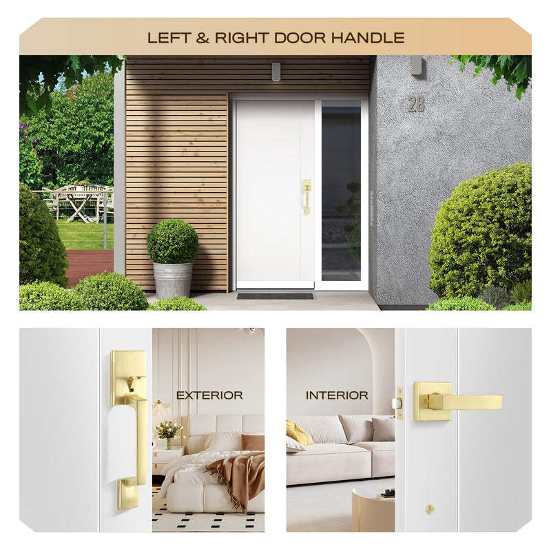 Leydebong Brushed Brass No Lock Front Door Handle Set with Reversible Lever - Exterior Door Handle Set for Right or Left Handed Doors, Front Door Handle Satin Brass