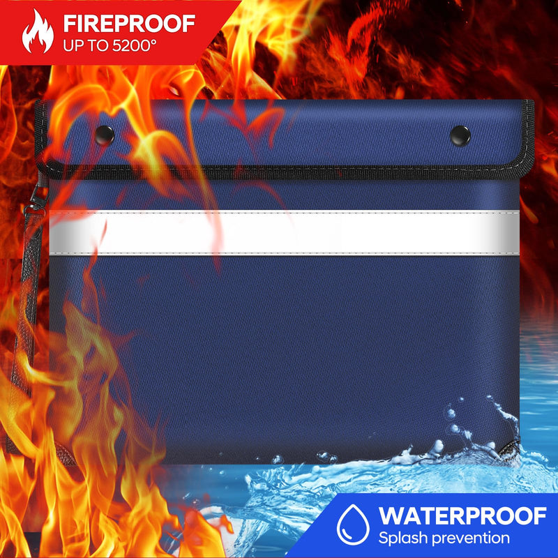 5200°F Heat Insulated Fireproof Document Bag with Zipper,13.9”x10.6” Water Fire Proof Pouch with Reflective Strip,8 Layers of Protective Materials Fireproof Money Bag for Cash,Jewelry(Blue) Blue Large size