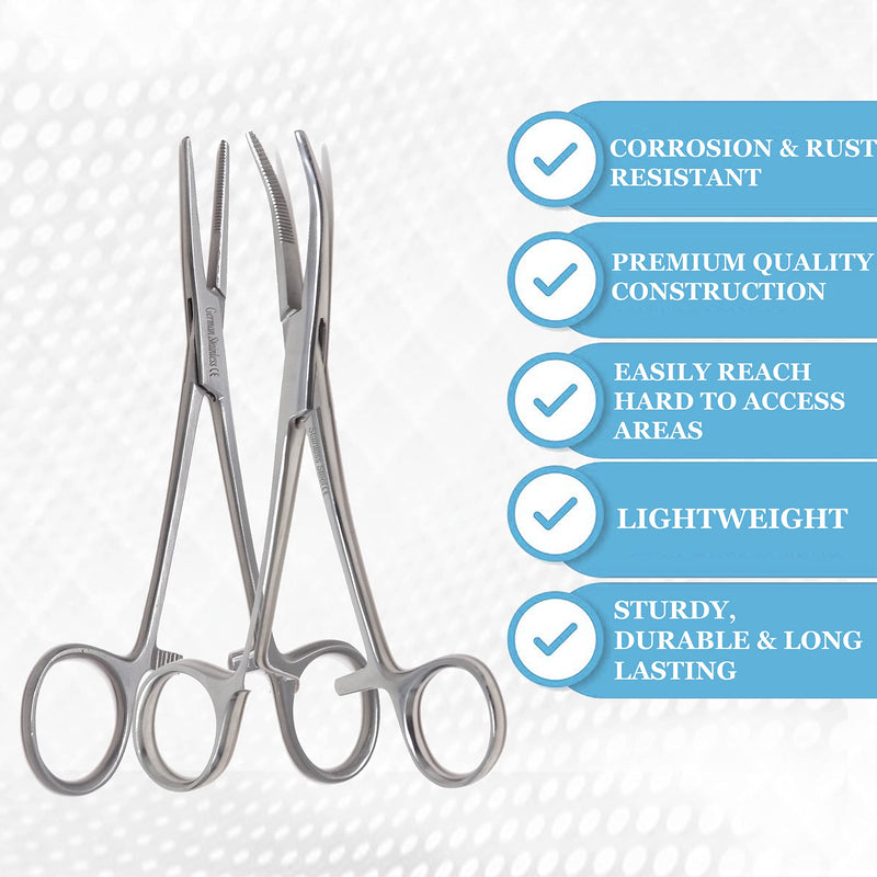 Set of 2 Pcs 5.5" Straight & Curved Kelly Hemostat Forceps Locking Clamps Premium Quality Stainless Steel Set-with Half Serrated Jaws (Silver) Silver