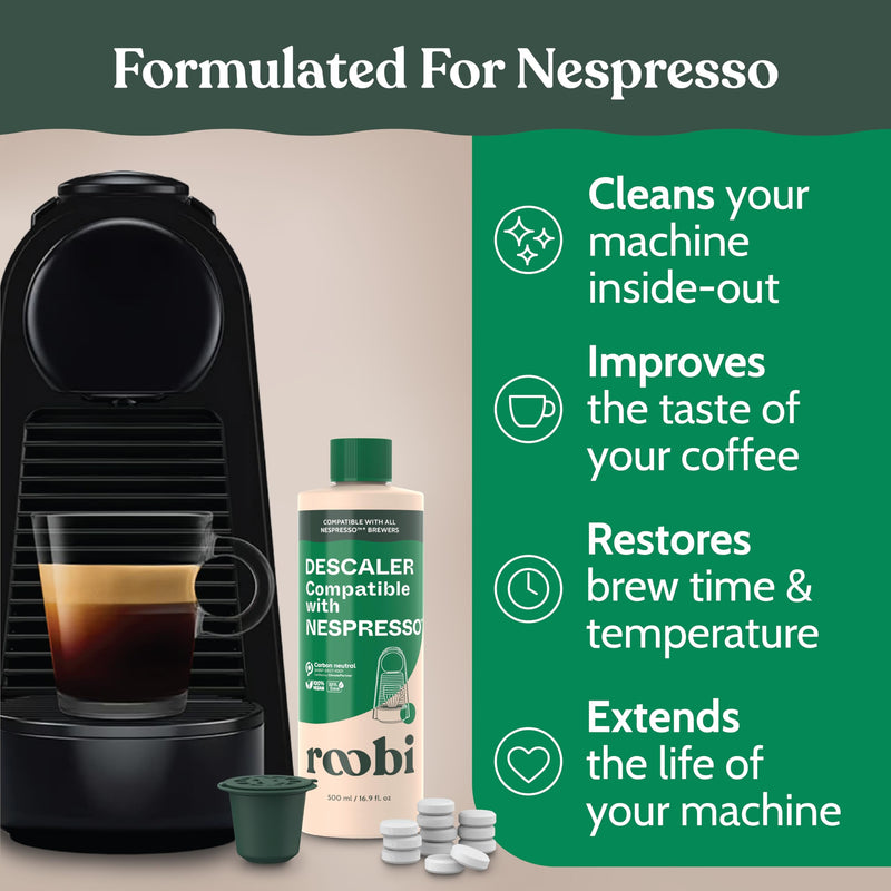 Roobi Descaling and Cleaning Kit Compatible with Nespresso Originaline. Includes 1 Bottle of Descaling Solution, 12 Cleaning Tablets and 1 Reusable Pod. Carbon Neutral. 1 Year Supply. Descaling & Cleaning Kit