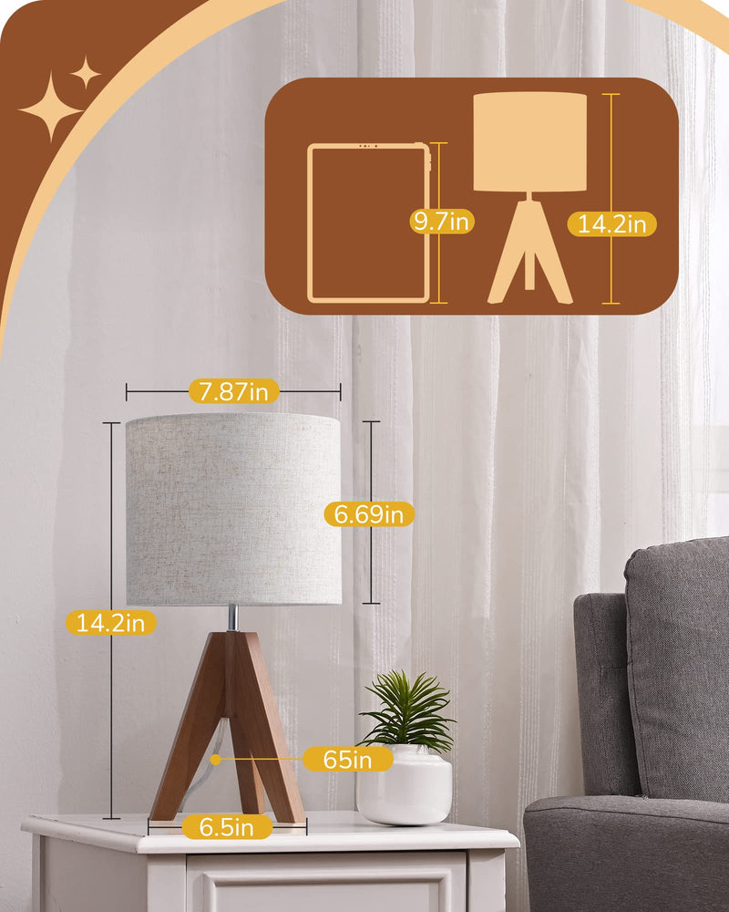EDISHINE Tripod Table Lamp, Small Cute Bedside Lamp with Linen Beige Lampshade, Nightstand Lamp for Nursery, Bedroom, Kid Room, Living Room, Light Brown Wooden Base, E26 Socket, 14.2 Inch Bohemian