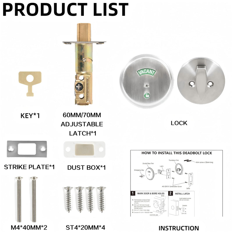 Stainless Steel Silver Indicator Deadbolt Privacy Door Lock Commercial Grade-2 60/70MM Backset Clear IN-USE Or VACANT For Public Restrooms Toilets Hospitals Offices (Stainless Steel Silver) Stainless Steel Silver