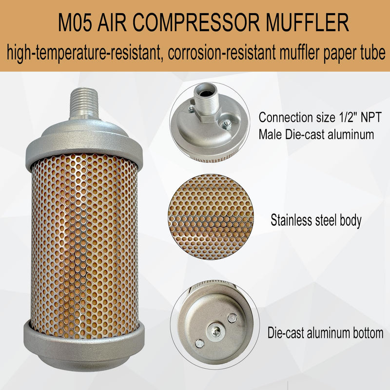 M05 Air Compressor Muffler 1/2" NPT Male, Air Exhaust Muffler Silencer for Compressor Dryer Compressed Air Equipment and Systems, Single Chamber 145 PSI, Muffler Replacement Part