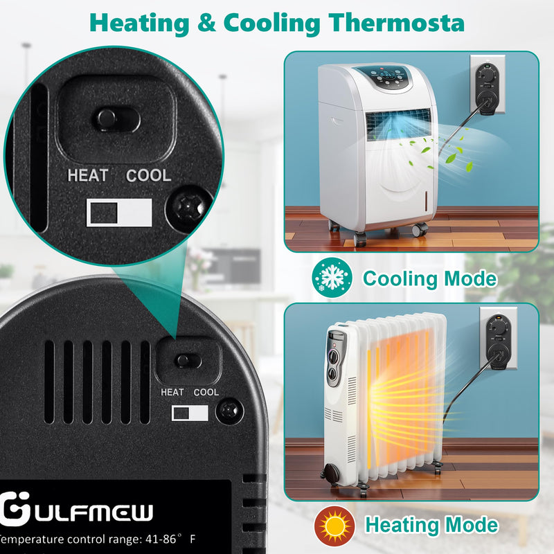 Adjustable Thermostat, Plug in Heating and Cooling Thermostat Controlled Outlet, Compatible with Portable AC, Fans and Space Heaters (1 Pack,Black) Black 1