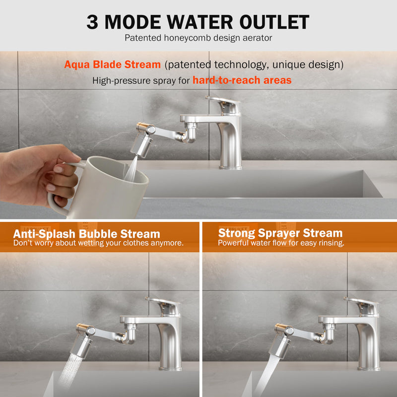 Frizzlife 1440° Swivel Faucet Extender Sink Aerator, 3-Mode Sprayer Water Filter Extension, 1080° Robotic Arm + 360° Rotating Universal Tap Attachment For Bathroom/Kitchen ＆ Washing Hair/Face/Kids Use FD1440
