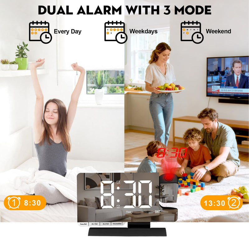 SZELAM Digital Clock,Alarm Clock Bedside with Projection,7.3" Mirror Clock with 180°Rotating Projector,Dual Alarm with 3 Mode,Brightnee Adjust,DST,Snooze,Charging Port,5 Levels Volume for Desk Teens Black