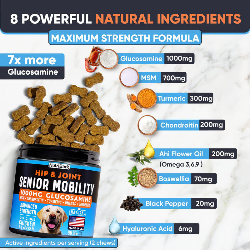 Senior Dog Joint Supplement -1000mg Glucosamine for Dogs -Advanced Hip & Joint Support Chews w/Glucosamine, Chondroitin, MSM, Turmeric & Omega 3 for Pain & Inflammation Relief, Improved Mobility - PawsPlanet Australia