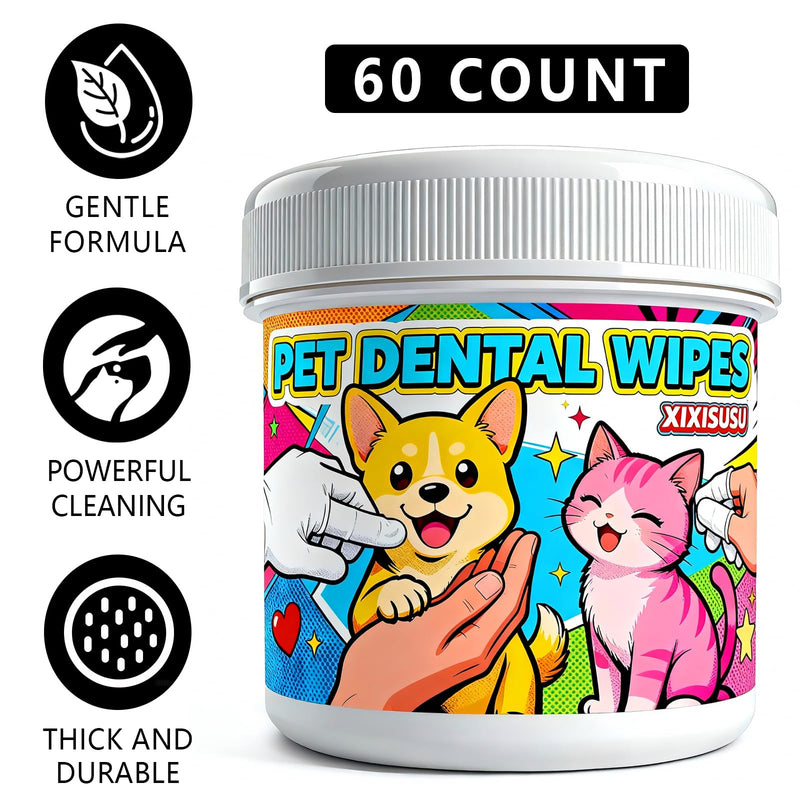 Pet Dental Wipes 60 Count | Dog & Cat Teeth Cleaning Wipes to Support Oral Care | Finger Toothbrush for Freshening Breath & Gently Cleaning Teeth (60 Count) (60 Count)