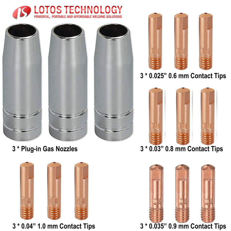 LOTOS MCS15 MIG Consumables Set for MIG225 MIG225SP Welders | Fifteen copper replacement pieces including twelve contact tips plus three gas nozzles | Refreshes welding equipment